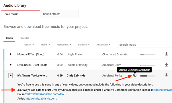 Los archivos de música en la Biblioteca de audio de YouTube notarán si necesita acreditar al creador original.