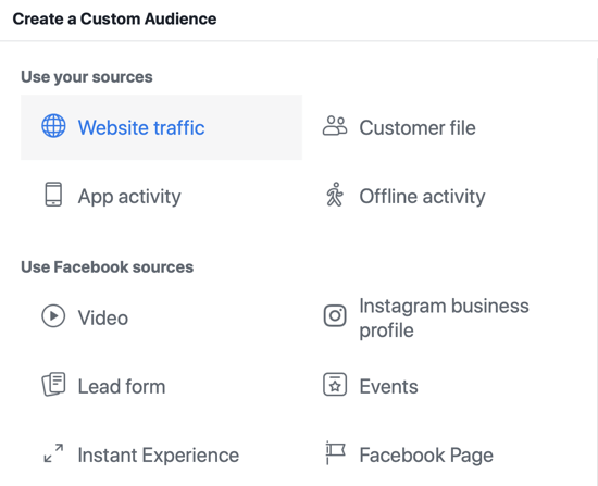 Utilice la herramienta de configuración de eventos de Facebook, paso 14, opción de menú de Facebook para seleccionar el tráfico del sitio web como fuente de audiencia