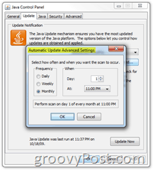 Captura de pantalla: Ficha de actualización del panel de control de Java mensual