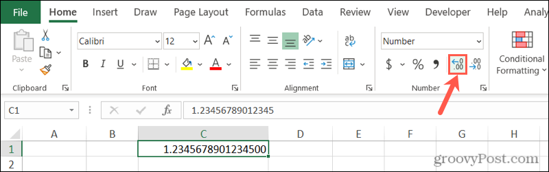 Detenga el redondeo de números de Excel con el botón Aumentar decimal