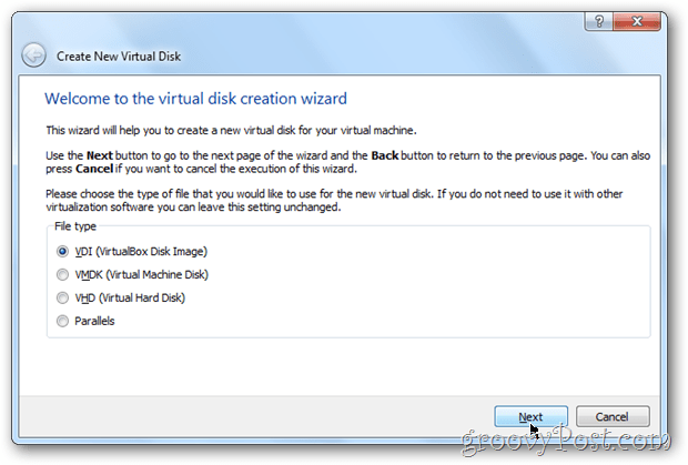 VirtualBox elige cuadro virtual tipo de imagen de disco de Windows 8