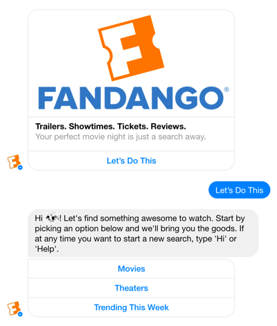 El chatbot de Facebook Messenger de Fandango ayuda a guiar a los usuarios a través de la selección de películas.