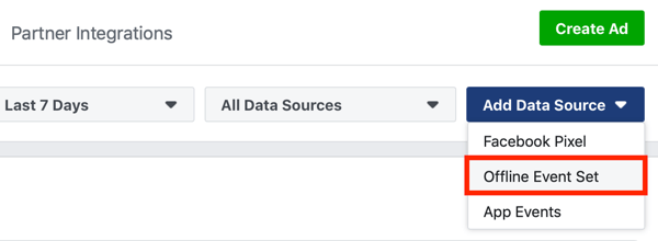 Opción para seleccionar Conjunto de eventos sin conexión como fuente de datos para sus eventos sin conexión de Facebook Ads.