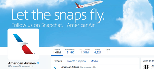 imagen de twitter de american airlines con snapchat