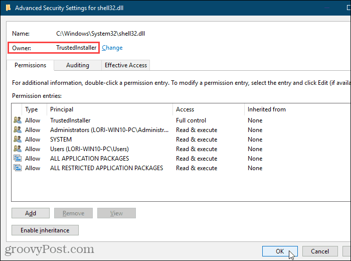 Cierre el cuadro de diálogo Configuración de seguridad avanzada en el Editor del registro de Windows