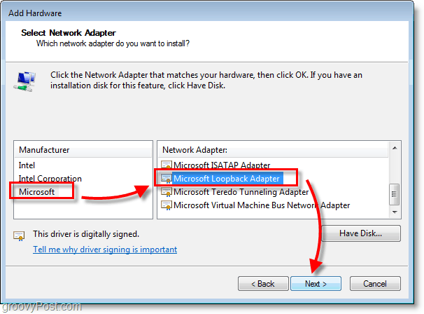 Captura de pantalla de Windows 7 Networking select microsoft> adaptador de bucle invertido de microsoft