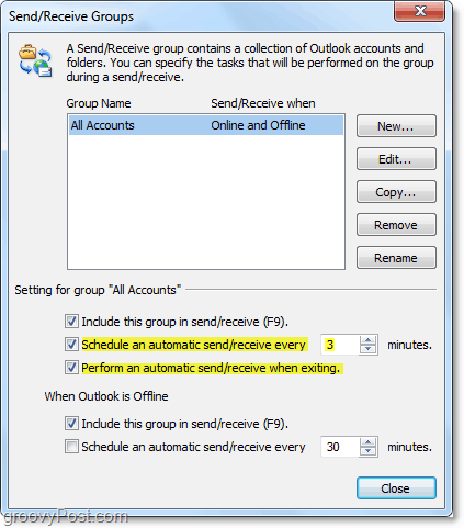 edite el tiempo de envío y recepción automáticos en Outlook 2010