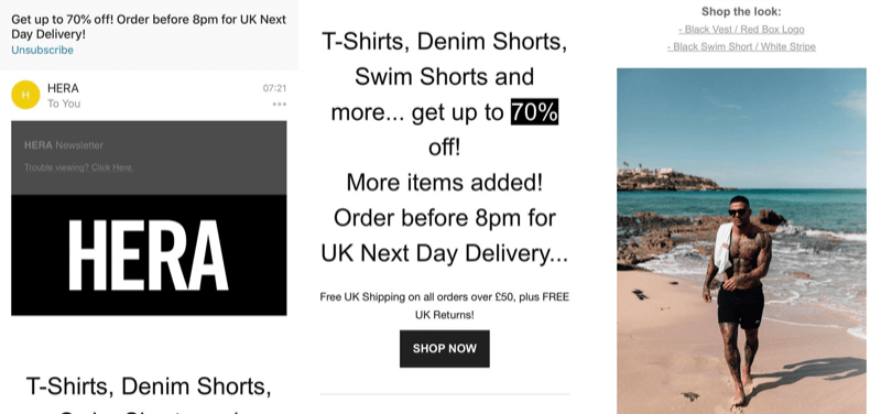 Estrategia de marketing en redes sociales; Captura de pantalla de una gran campaña de marketing por correo electrónico de venta flash de Hera London (marca de moda).