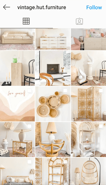 ejemplo de captura de pantalla del feed de instagram @ vintage.hut.furniture que muestra su tinte amarillo para el estilo antiguo de las publicaciones de imágenes en blanco, bronceado y colores neutros
