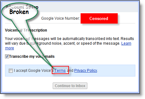 Términos de servicio de Google Voice Enlace roto