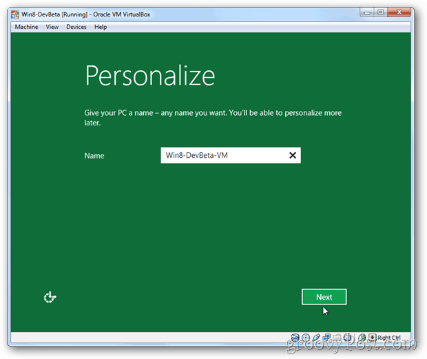 VirtualBox Windows 8 personaliza el nombre de la PC de configuración