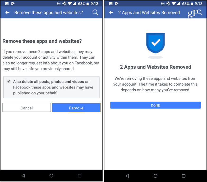 Confirmar eliminar aplicaciones de terceros móvil de Facebook