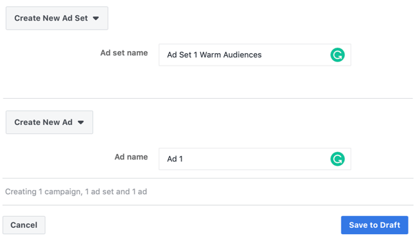 Cómo apuntar a clientes potenciales cálidos con anuncios de Facebook Messenger, paso 3, configuración de nombre de anuncio y conjunto de anuncios