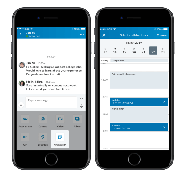 LinkedIn implementó la capacidad de compartir su disponibilidad directamente dentro de un chat en la aplicación de LinkedIn, así como sugerir una ubicación o compartir una ubicación actual y única con otras personas en su chat.