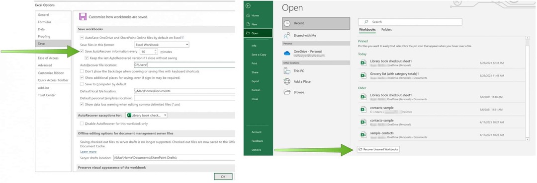 Guarde archivos de Excel en OneDrive Autorrecuperación en Excel