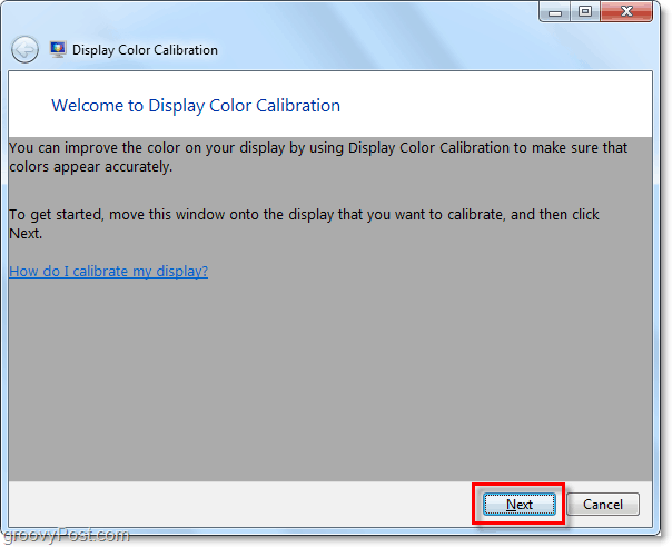 Windows 7 muestra la ventana de bienvenida de calibración de color