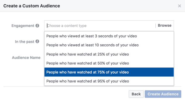 Para una audiencia personalizada basada en la participación del video, puede seleccionar cuánto de su video alguien debe ver para ver su anuncio de retargeting.