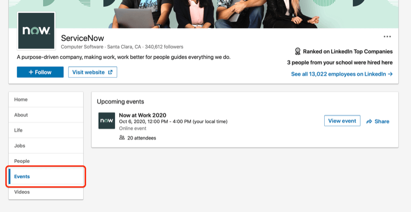 captura de pantalla de la página de la empresa de LinkedIn que destaca la pestaña del evento para esa empresa