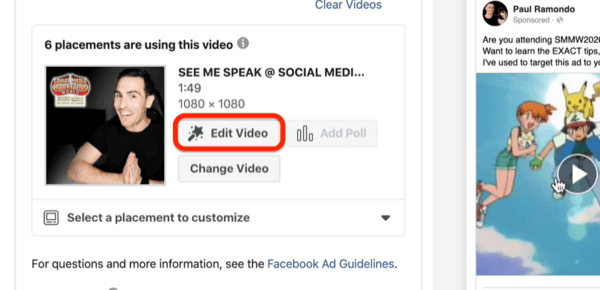 Opción Editar video para anuncios de video de Facebook