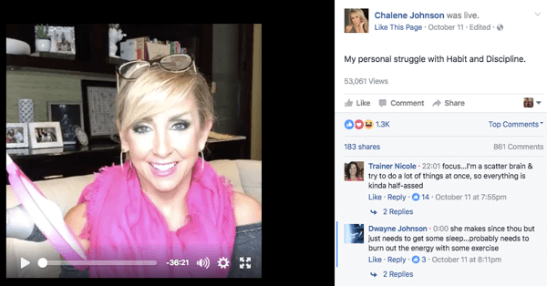 Publicación de video de Facebook Live en la página de Facebook de Chalene.