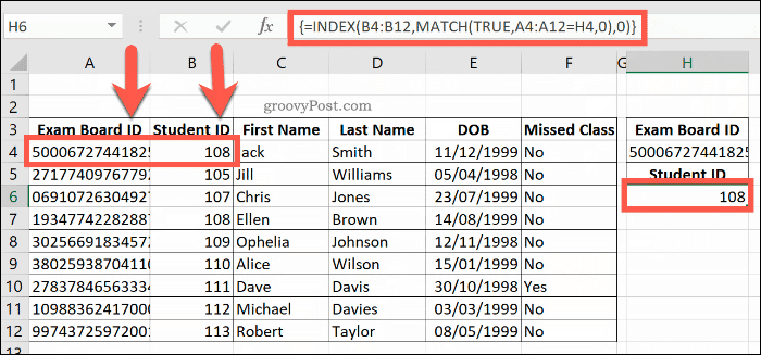 Un ejemplo de una fórmula combinada INDEX y MATCH en Excel