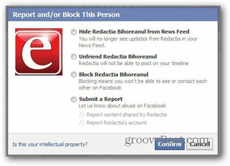 informe de Facebook - opciones de bloqueo