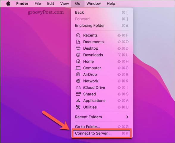 Apertura de la opción Mac Finder Connect to Server