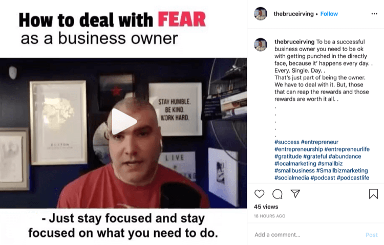 Publicación de Bruce Irving en Instagram sobre cómo lidiar con el miedo como propietario de un negocio