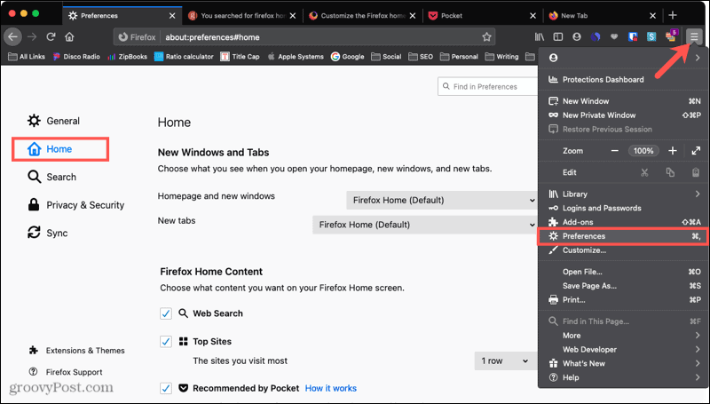Inicio de preferencias de Firefox en Mac