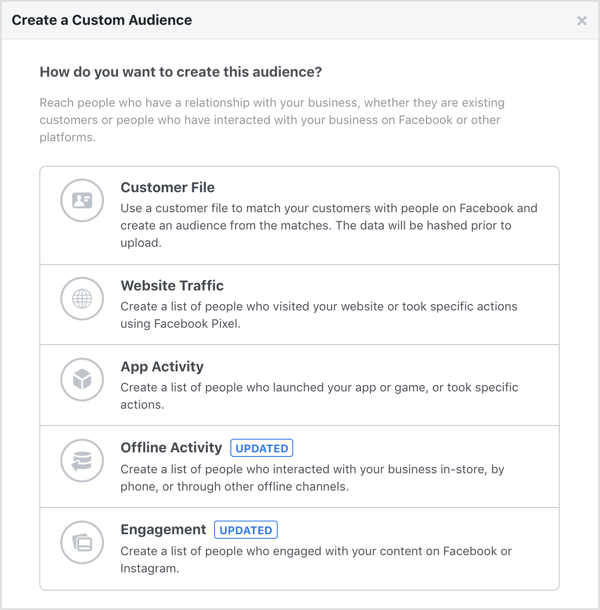Opciones para crear una audiencia personalizada de Facebook