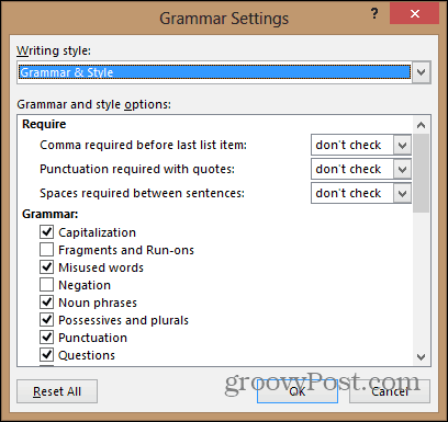 Word 2013 configura el menú de configuración de gramática