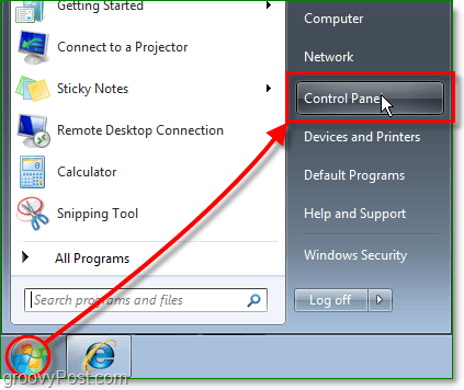 Haga clic en el menú Inicio de Orb, luego haga clic en el panel de control En Windows 7