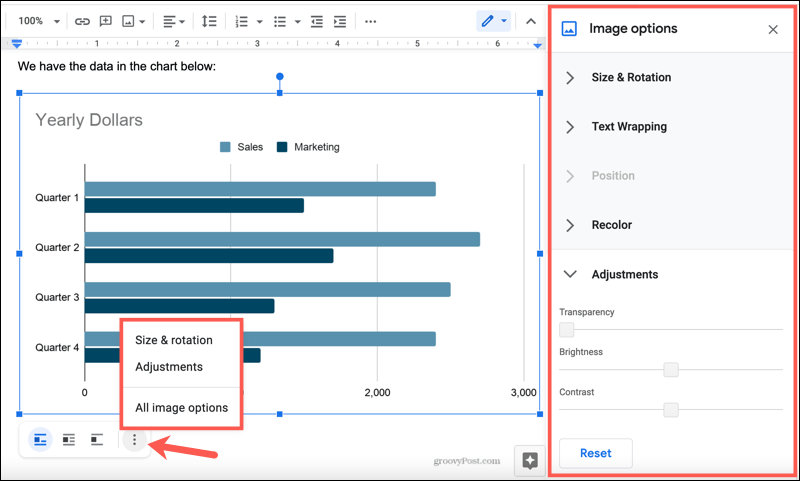 Opciones de imagen de gráfico en Google Docs