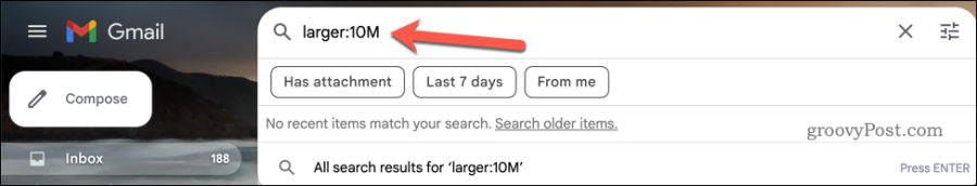 Ejecutando una búsqueda más grande en la barra de búsqueda de Gmail