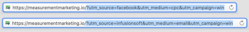 ejemplo de urls con etiquetas utm codificadas con la parte utm de las urls resaltadas mostrando facebook / cpc e infusionsoft / email como parámetros para la campaña de win