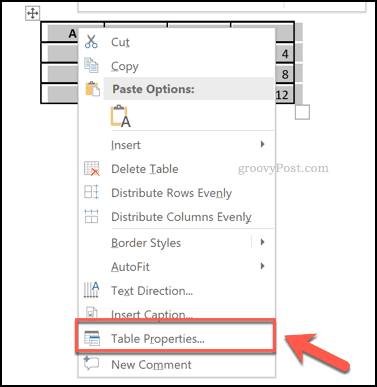 Opción de propiedades de tabla en Word