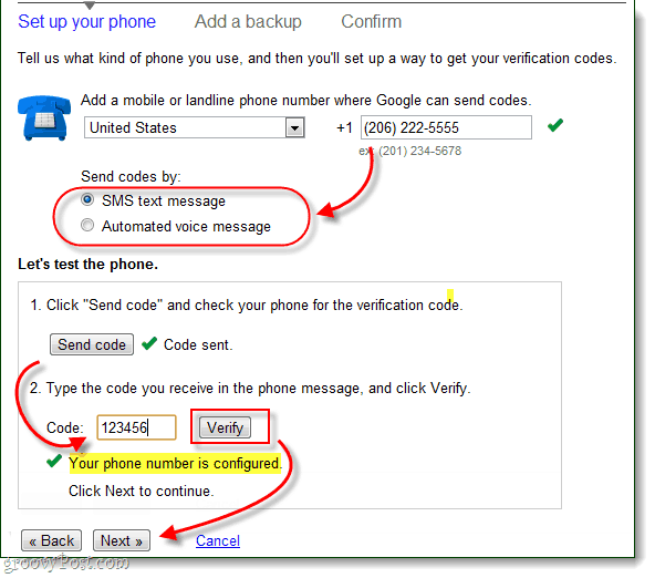 agregar un número de teléfono de verificación, para sms o mensaje de voz