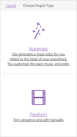 Seleccione Automático para que Adobe Premiere Clip cree un video por usted.