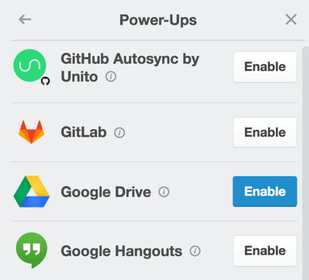 Habilite el encendido de Google Drive para adjuntar contenido de un documento de Google directamente en la tarjeta.