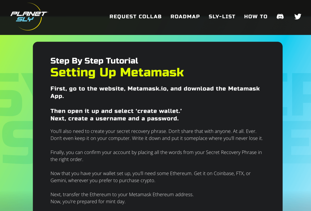 imagen del tutorial de Metamask en el sitio web de PlanetSLY