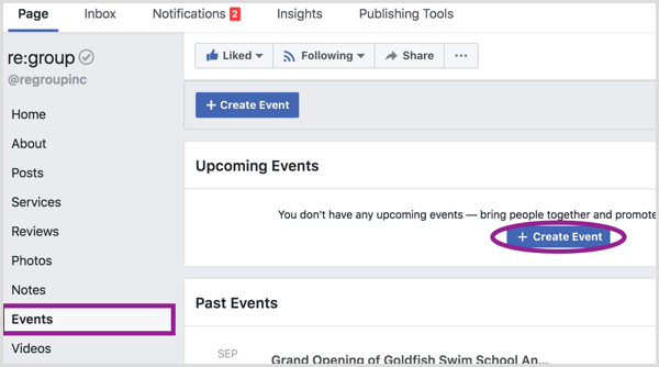 Haga clic en Eventos en la columna izquierda del escritorio y luego haga clic en el botón Crear evento.