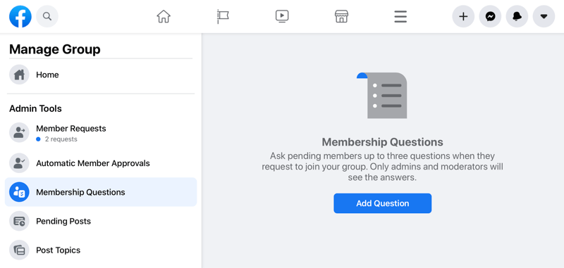 opción de gestión de grupo de facebook destacando la opción de preguntas de membresía
