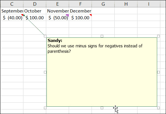 Cambiar el tamaño o mover notas en Excel