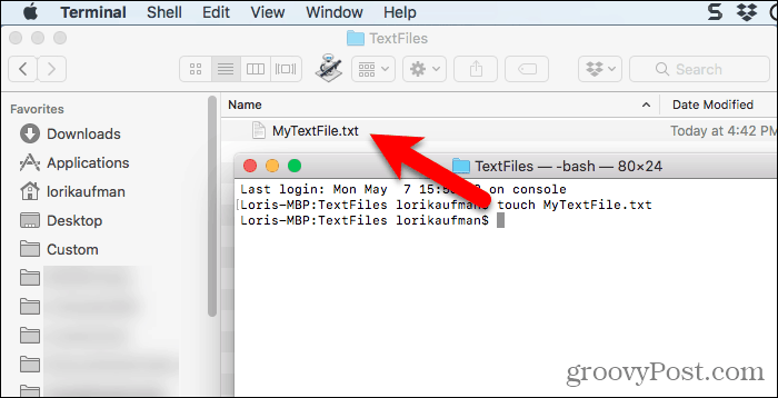Archivo de texto creado con el comando táctil en Terminal en Mac