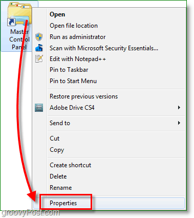 Captura de pantalla de Windows 7: haga clic con el botón derecho en el acceso directo y vaya a propiedades