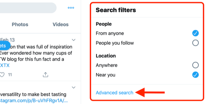 captura de pantalla que muestra el enlace de búsqueda avanzada en el cuadro de filtros de búsqueda de Twitter