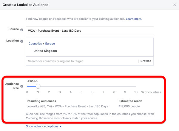 Opción de tamaño de audiencia al crear su audiencia similar a Facebook a partir de su audiencia personalizada.