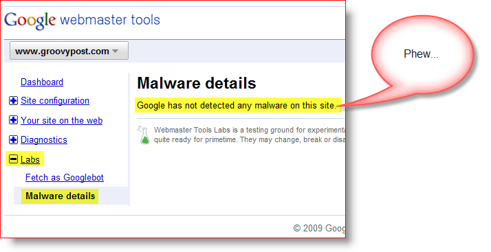 groovypost.com Google Webmaster Tools Detalles del malware