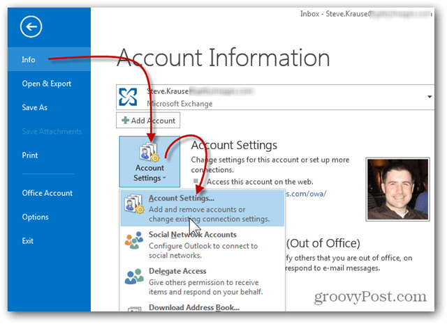 Agregar buzón Outlook 2013 - Haga clic en Información Configuración de la cuenta