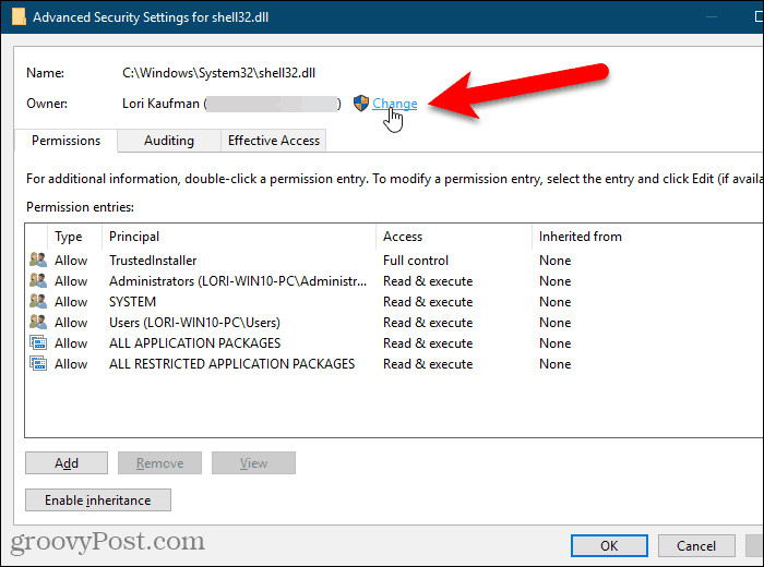 Haga clic en Cambiar para el propietario en el cuadro de diálogo Configuración de seguridad avanzada en el Editor del registro de Windows